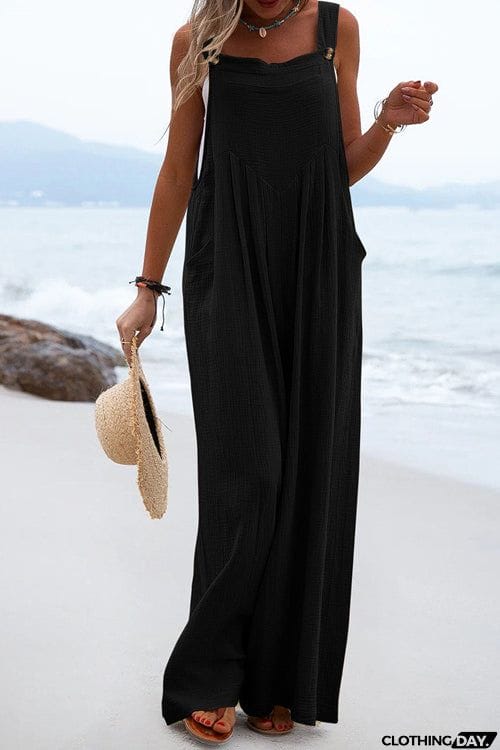 Solid Button Sling Wide-Leg Jumpsuit