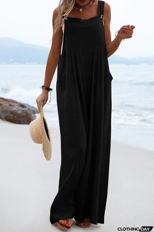Solid Button Sling Wide-Leg Jumpsuit