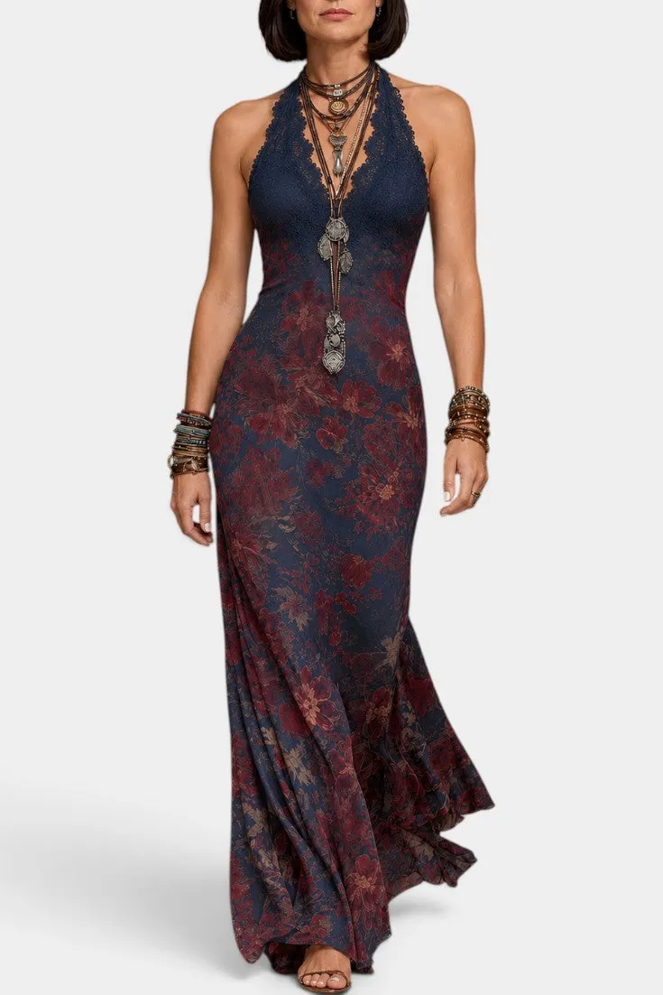 Halter-Neck Floral Maxi Dress with Lace Trim