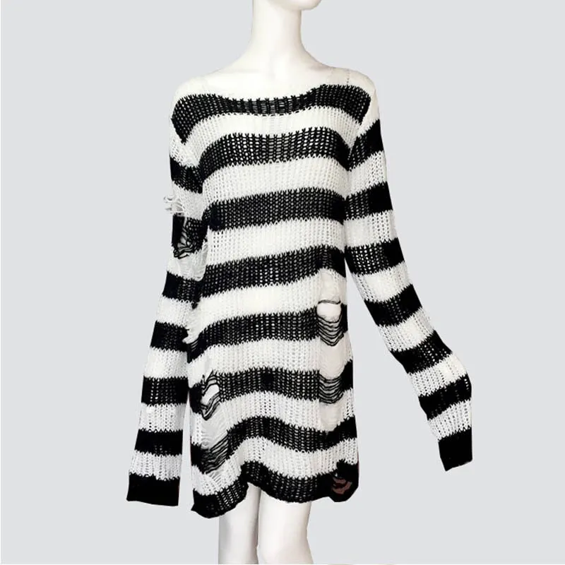 Plus Size Punk Gothic Long Unisex Sweater Dress Women Man Striped Cool Hollow Out Hole Broken Jumper Loose Rock Thin Sweter 2021