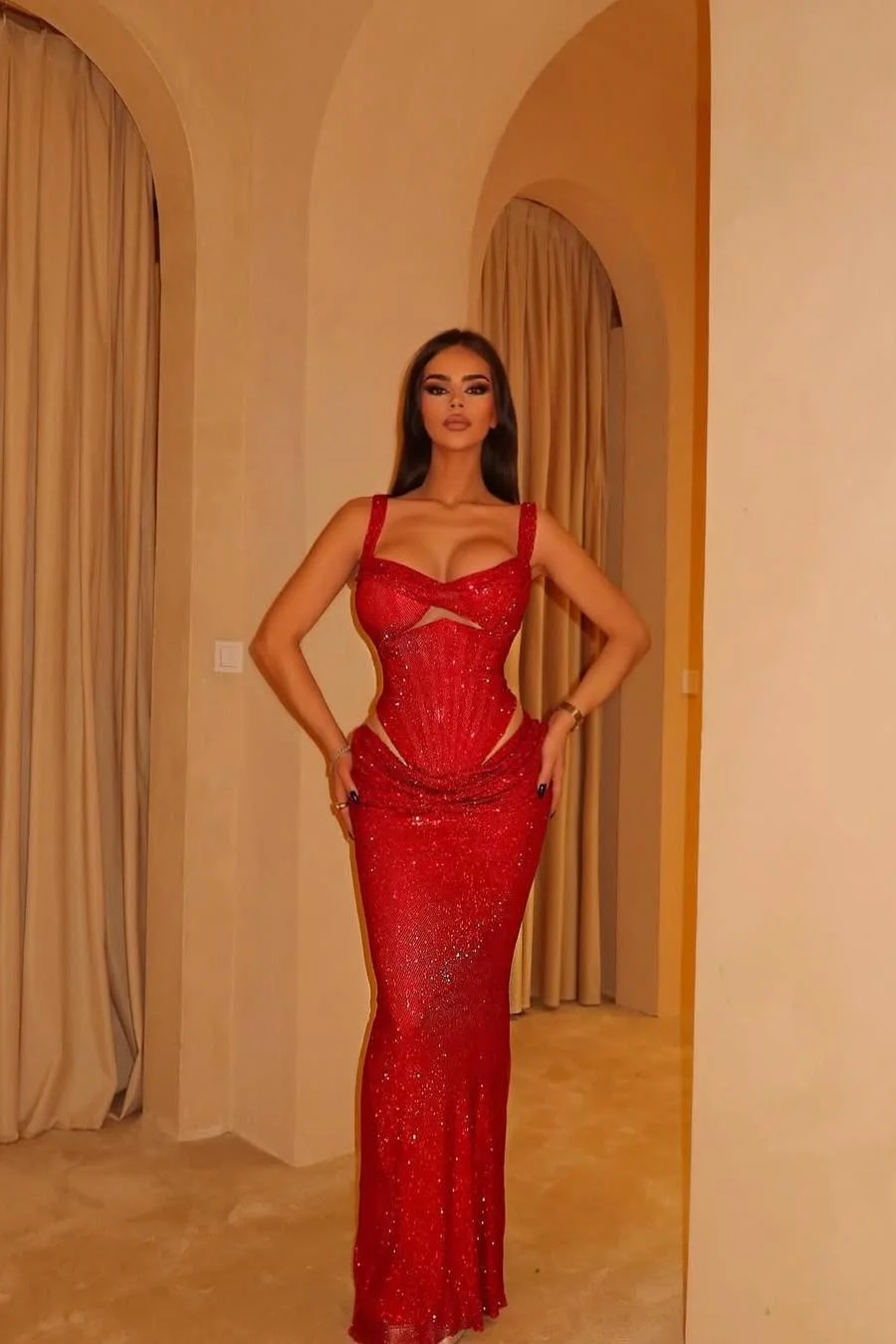 Miabel Stunning Red Sequins Spaghetti Strap Sleeveless Mermaid Prom Dress with Pleated 