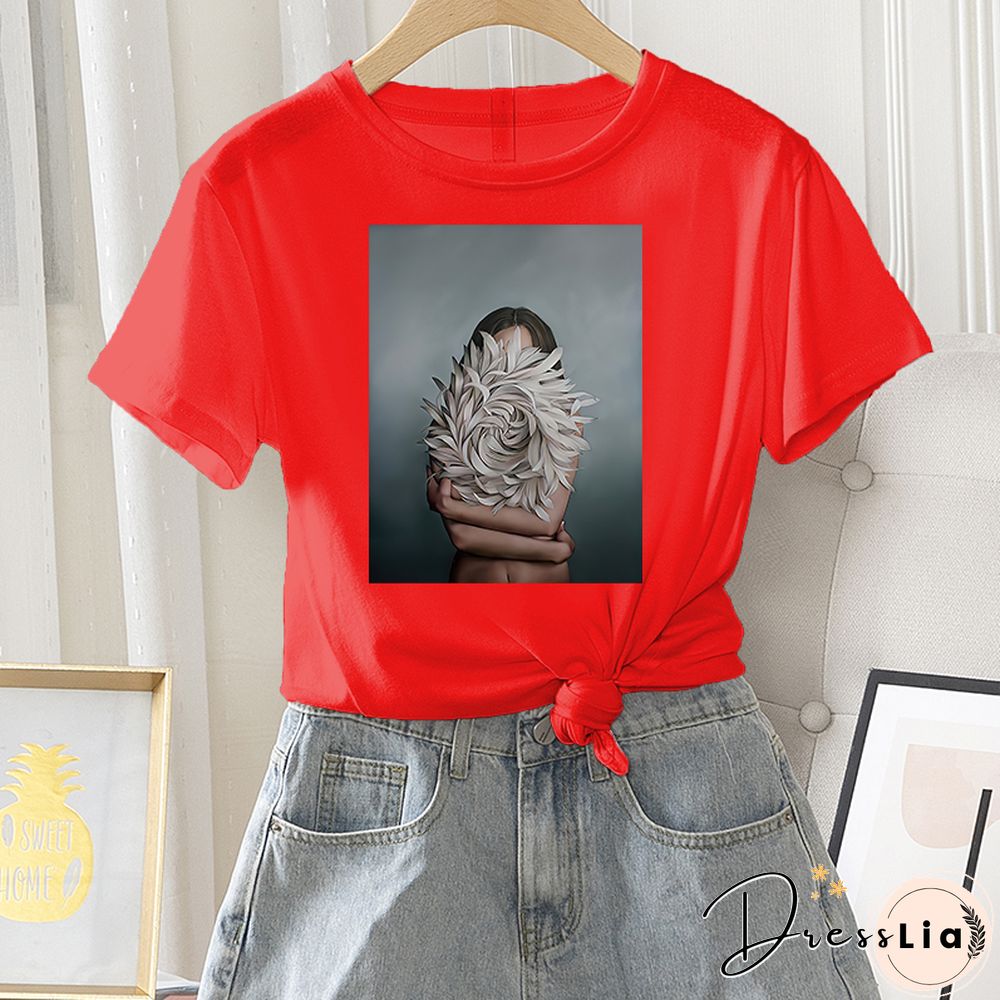 Summer Casual Women T-shirt 100% Cotton Short Sleeve Flower Photo Print Female Graphic Vintage T Shirt Ladies Round Neck Tee Top
