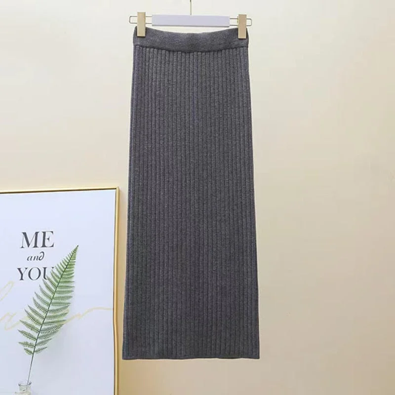 Zoki Winter Women Sweater Skirt New 2021 Knitted Midi Skirts Korean Elastic High Waist Elegant Autumn Split Fork Black Faldas