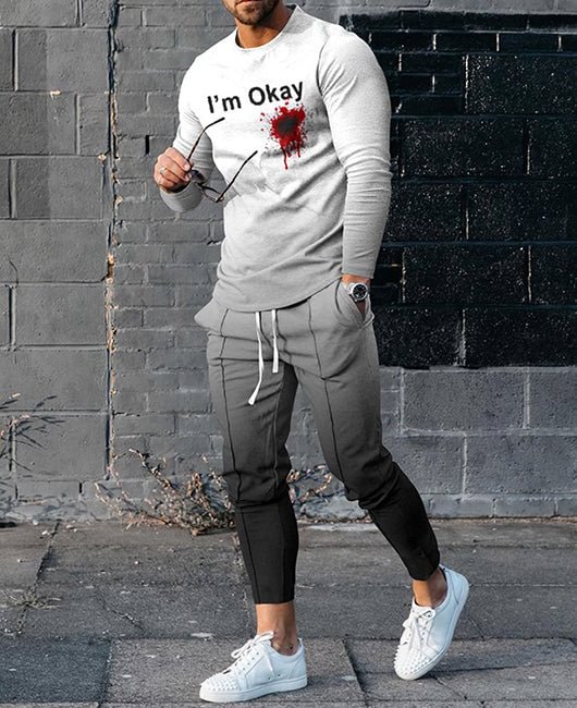 Slogan & Ombre Printing Long Sleeve Shirt & Pants Set