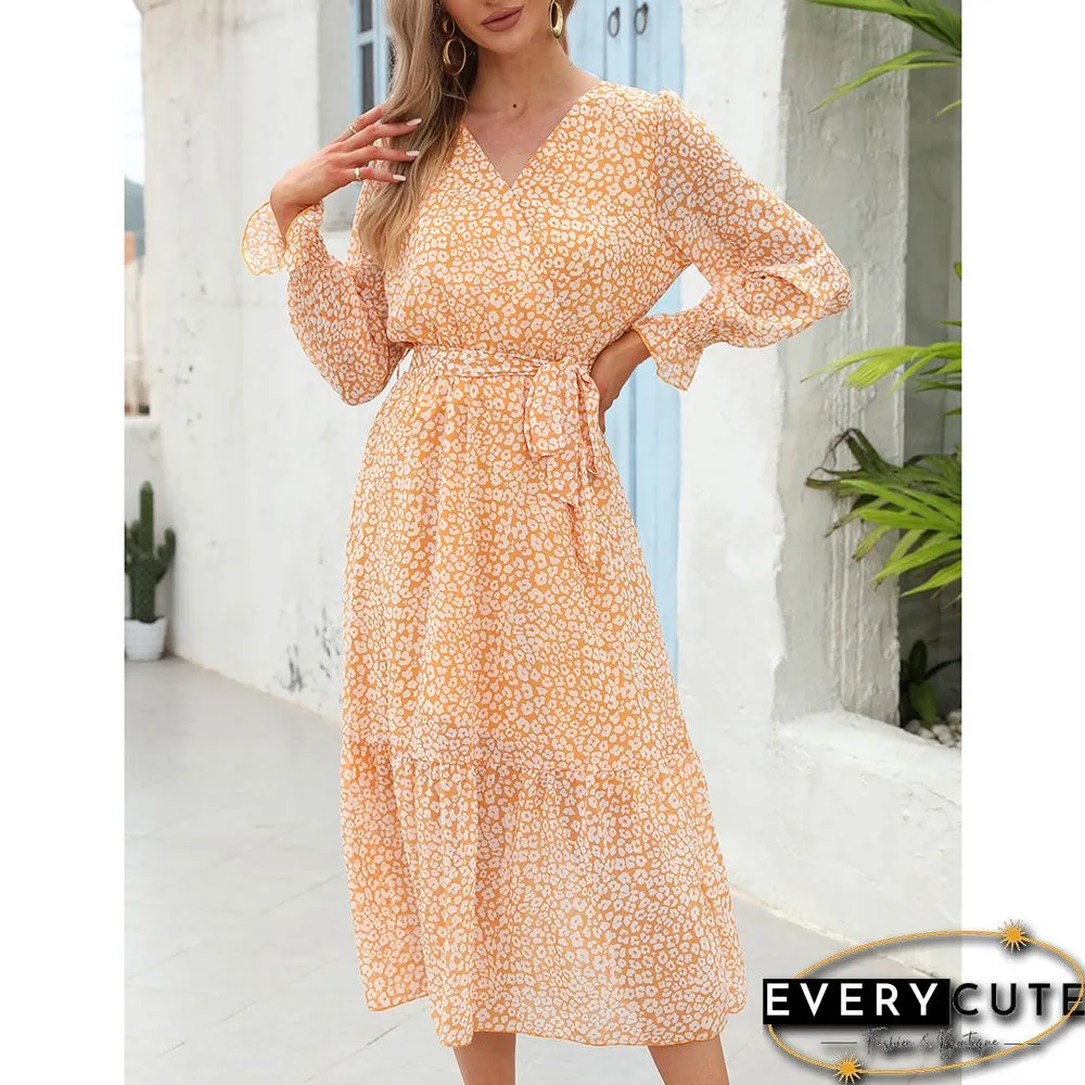 Yellow Floral Print V Neck Long Sleeve Swing Dress