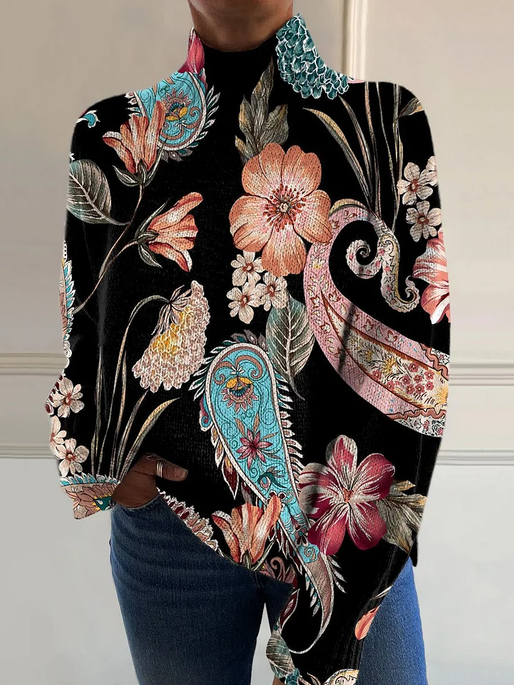 Colorful Paisley Art Print Knit Turtleneck Pullover Sweater