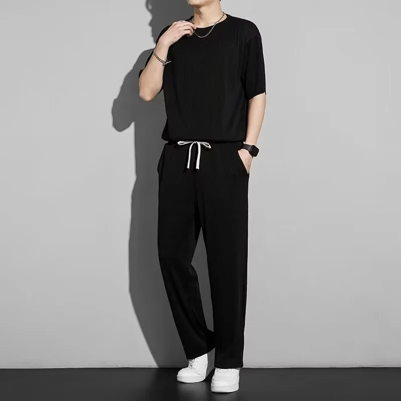 Upvalidator swag outfits men Ice Silk Sports Suit 2 Piece Men's Sets 2025 Summer Fashion Men T-shirt Short Sleeve and Breathable Casual Pants Clothes for Men
