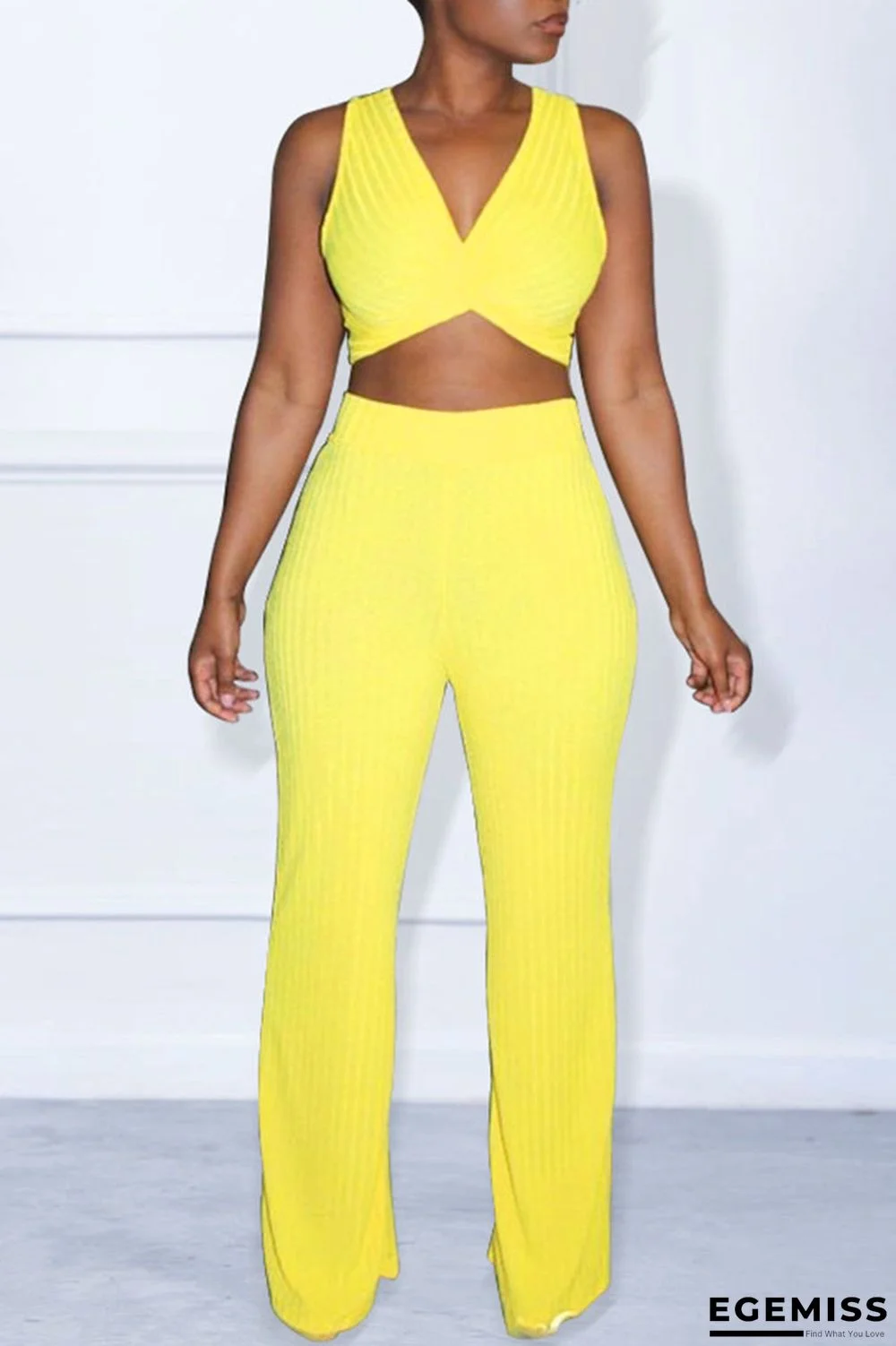 Yellow Fashion Casual Solid Basic V Neck Sleeveless Two Pieces | EGEMISS