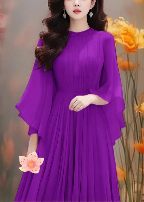 Boho Purple Solid Wrinkled Chiffon Dresses Butterfly Sleeve