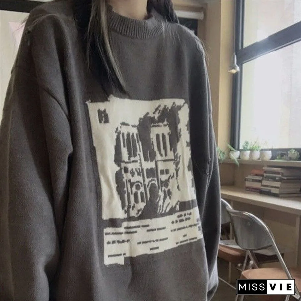 Grunge Gothic Streetwear Printed Oversize Sweater Women Punk Harajuku Vintage Grey Jumper Female Pullover Mall Goth Top