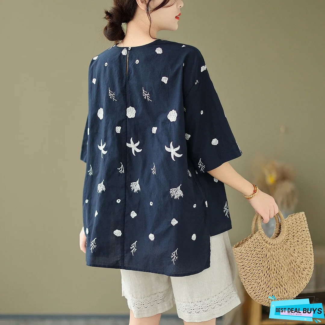 Women Summer Loose Casual Embroidery T-Shirt