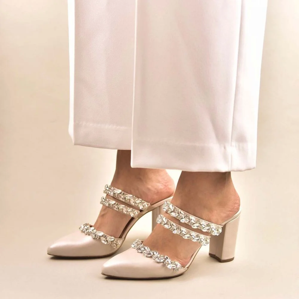 Nude Pointed Toe Low Heel Pumps Satin Rhinestone Chain Chunky Mules Nicepairs