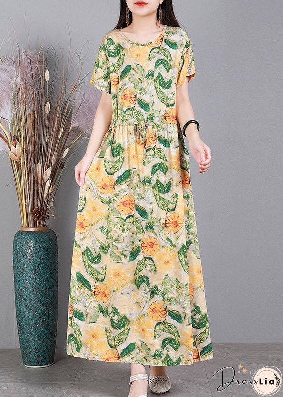 Plus Size Red O-Neck Cinched Print Drawstring Silk Long Dresses Short Sleeve