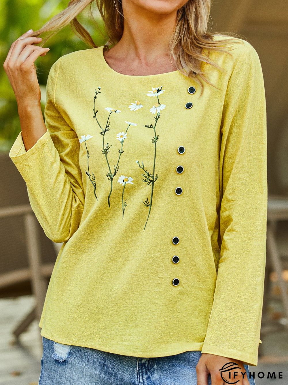 Floral Autumn Casual No Elasticity Daily Standard Long sleeve Cotton H-Line Top for Women | IFYHOME