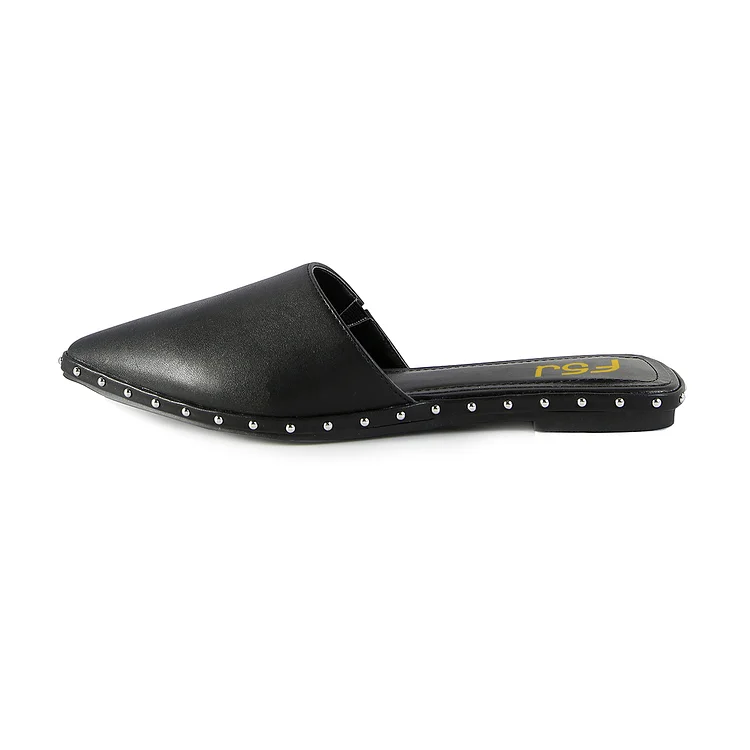 Black Comfortable Flats Mules Studded Slipper Sandals by FSJ Shoes |FSJ Shoes