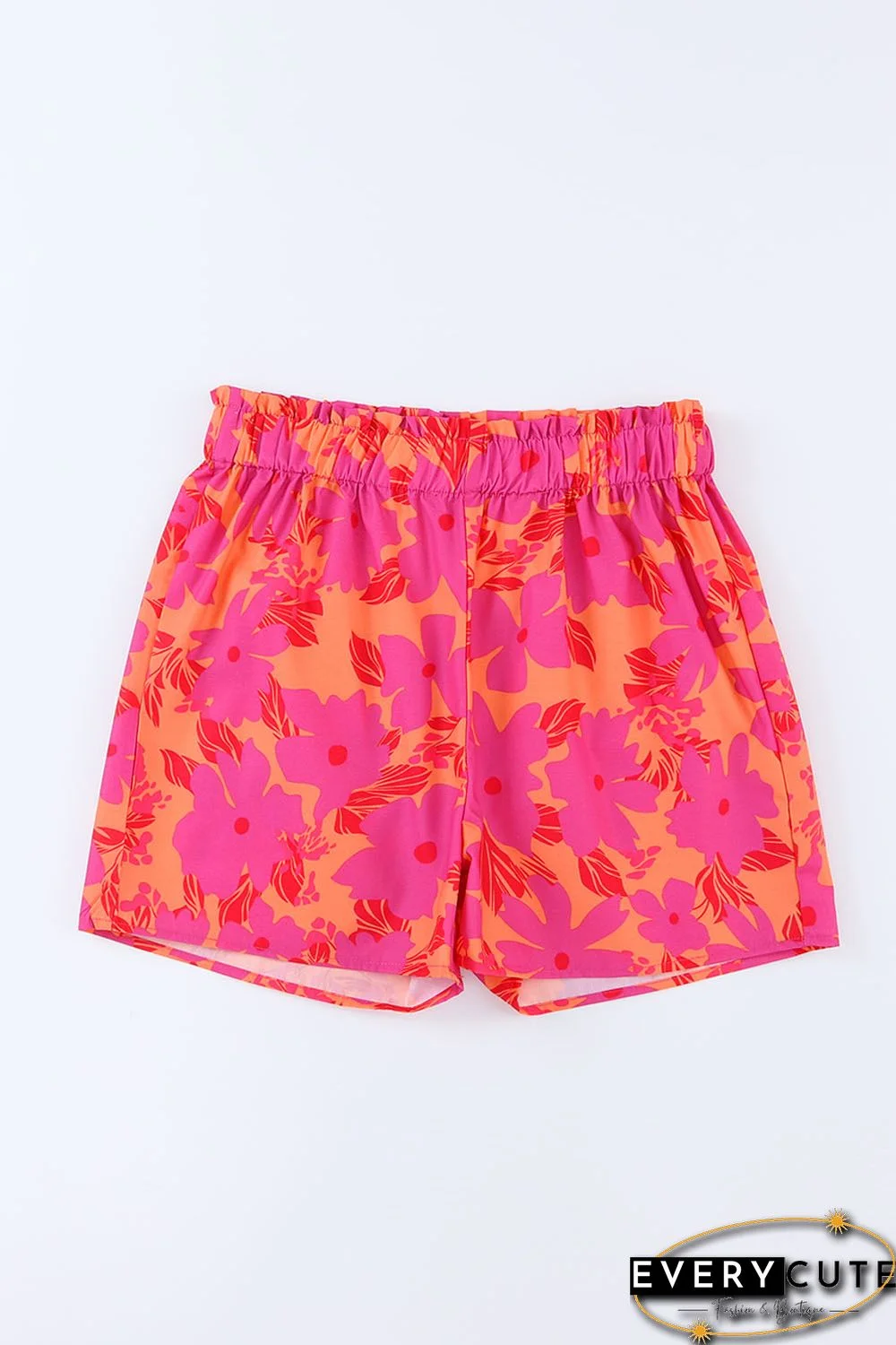 Pink Floral Print Smocked Waist Shorts