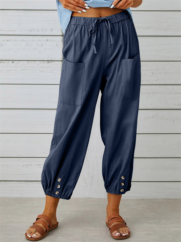Women's New Loose Type High-waisted Button Cotton Linen Pants Nine-minute Pants Wide-legged Cotton Linen Nine-minute Pants
