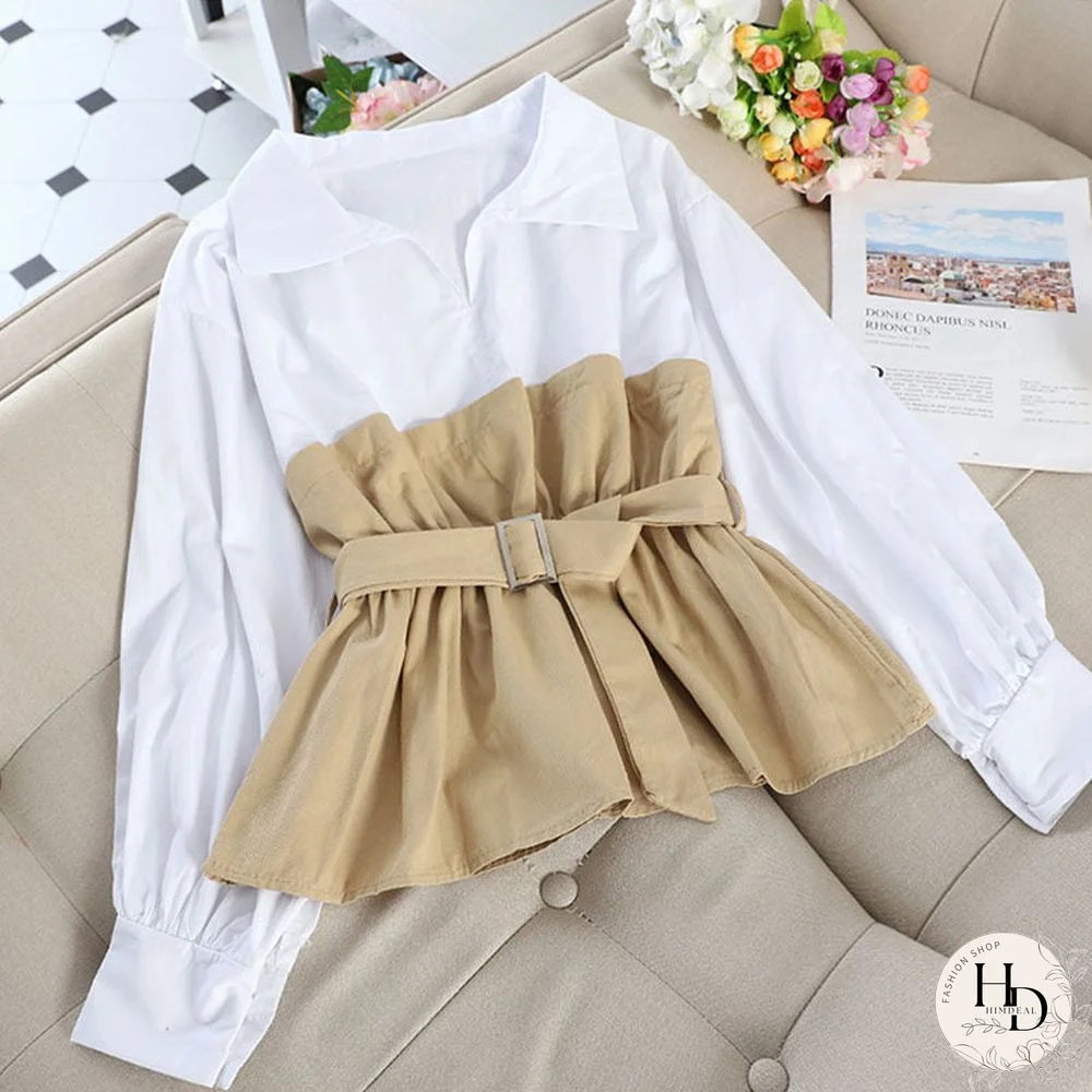 White Collar Shirt Ruffles Casual Blouse Tops Women Long Sleeve Stitching Tunics V Neck Ladies Clothes With Belted Fashion
