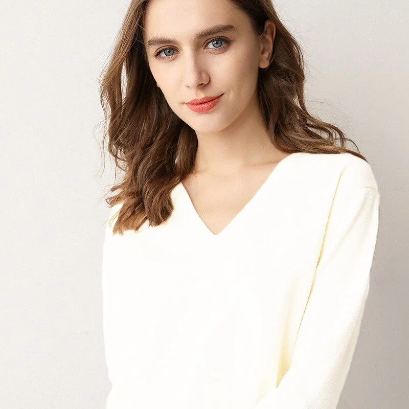 Women Sweater 2020 New V-neck Female Long-sleeved Knitted Pullover Jumper Pull Femme Clothes White Loose Thin Good Quality
