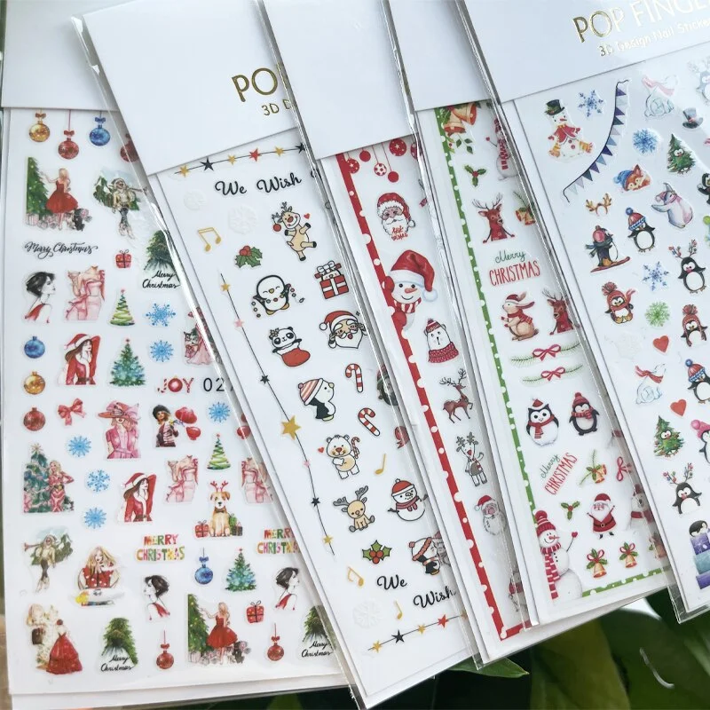 5 Sheets Christmas Adhesive 3D Nail Sticker Foil For Nails Art Decoration Cartoon Designs Nail Decals Manicure Supplies Tool