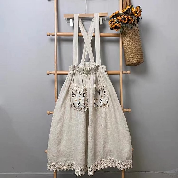 Queenfunky cottagecore style Linen Embroidered Pockets Pinafore Skirt QueenFunky