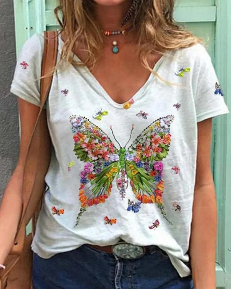 Floral Butterfly Short Sleeve V Neck Casual T shirt P4608083672