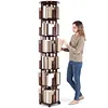 [US Local Warehouse] 6 Tier Bamboo Rotating Bookshelf on Wheels 360 Spinning Book Shelf Tower Round Revolving Bookcase Organizer Rolling Bookshelves for Small Space Corner Bedroom Office