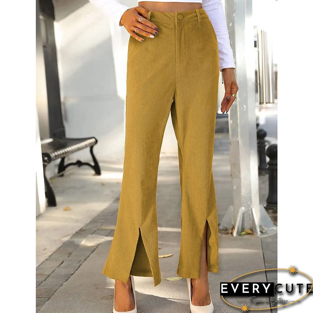 Yellow Corduroy High Waist Pocket Pants with Slit