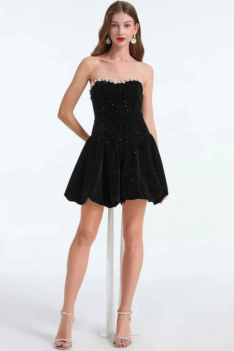 Party Black Velvet Strapless Rhinestones Bow Mini Dress