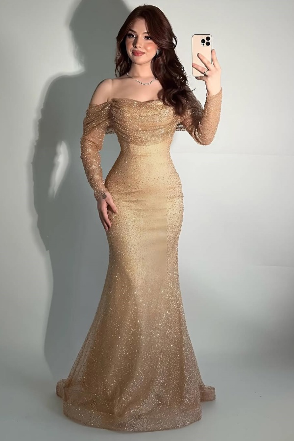  Champagne Off-Shoulders Pleated Prom Dress Mermaid with Sequins - Ohprom