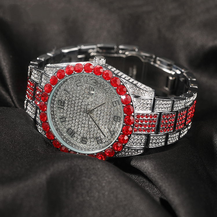 Iced Out Big Dial Full Red Zircon Quartz Luxury Watches-VESSFUL