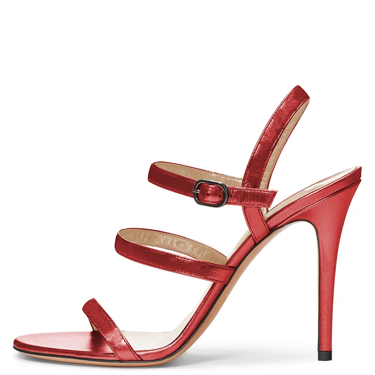 Red Triple Straps Slingback Heels Stiletto Heel Sandals |FSJ Shoes
