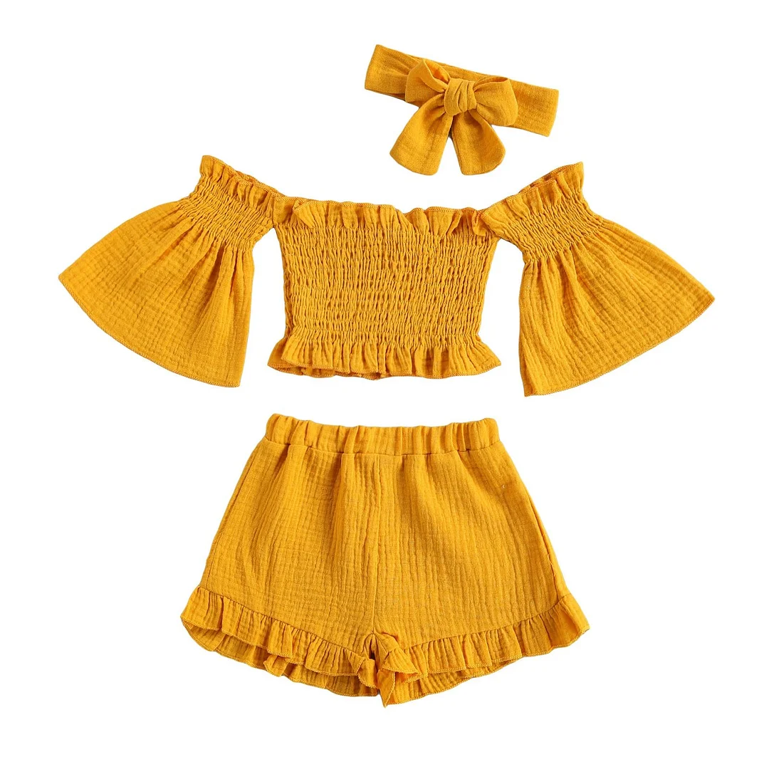 3 Pcs Infant Solid Color Outfits, Baby Girls Off Shoulder Flare Sleeves Boat Neck Tops + Ruffle Shorts + Bowknot Headband 1-6T