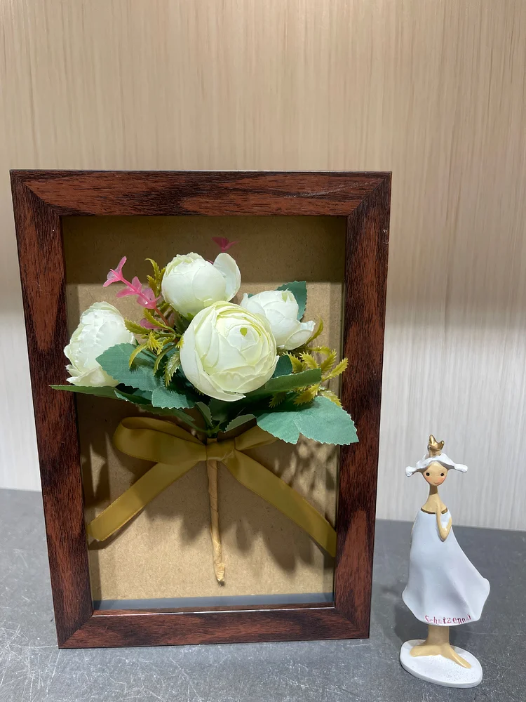 White Ranunculus Realistic Framed Bouquet (6.7*9.6 in) - 3D Artificial Flower Decoration for Living Room & Desktop