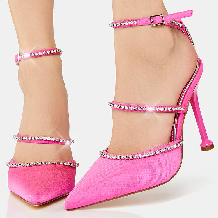 Hot Pink Pointed Toe Ankle Strap Rhinestone Stiletto Heel Pumps |FSJ Shoes