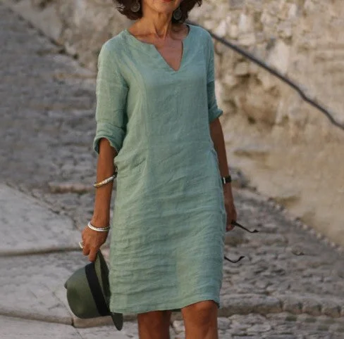 Uveng Cotton Linen Small V-neck Stitching Retro Basic Model Solid Color Three-quarter Sleeve Dress