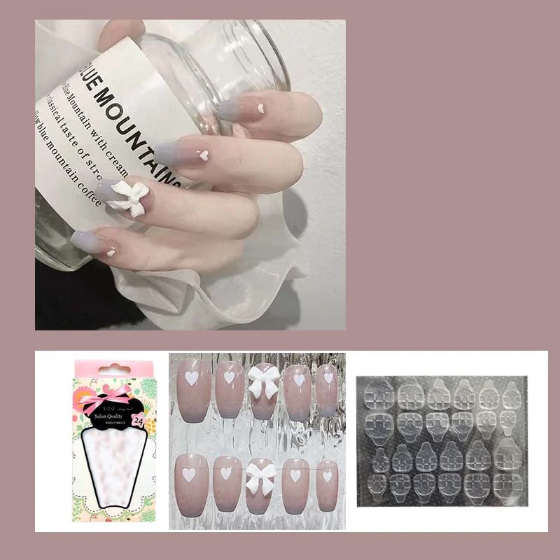 24pcs decorated false nails Transparent purple bow with long round head falis nails Manicure patch acrylic nail tips-Nail Inspo