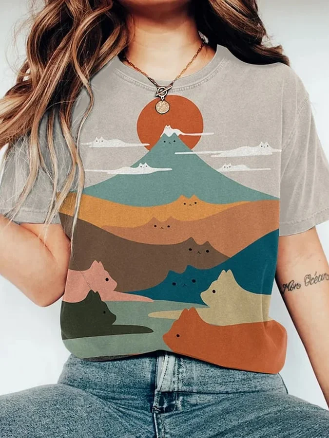 Women's Creative Cat On Clouds Painting Art Print T-Shirt