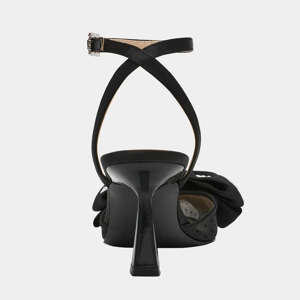 Pointed Toe Flared Heel Ankle Strap Pearl Rhinestone Bow Black Pumps