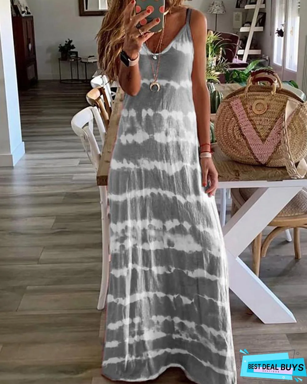 Women's Strap Dress Maxi Long Dress - Sleeveless Tie Dye Summer Hot Casual Beach Blue Purple Blushing Pink Wine Khaki Gray Light Blue