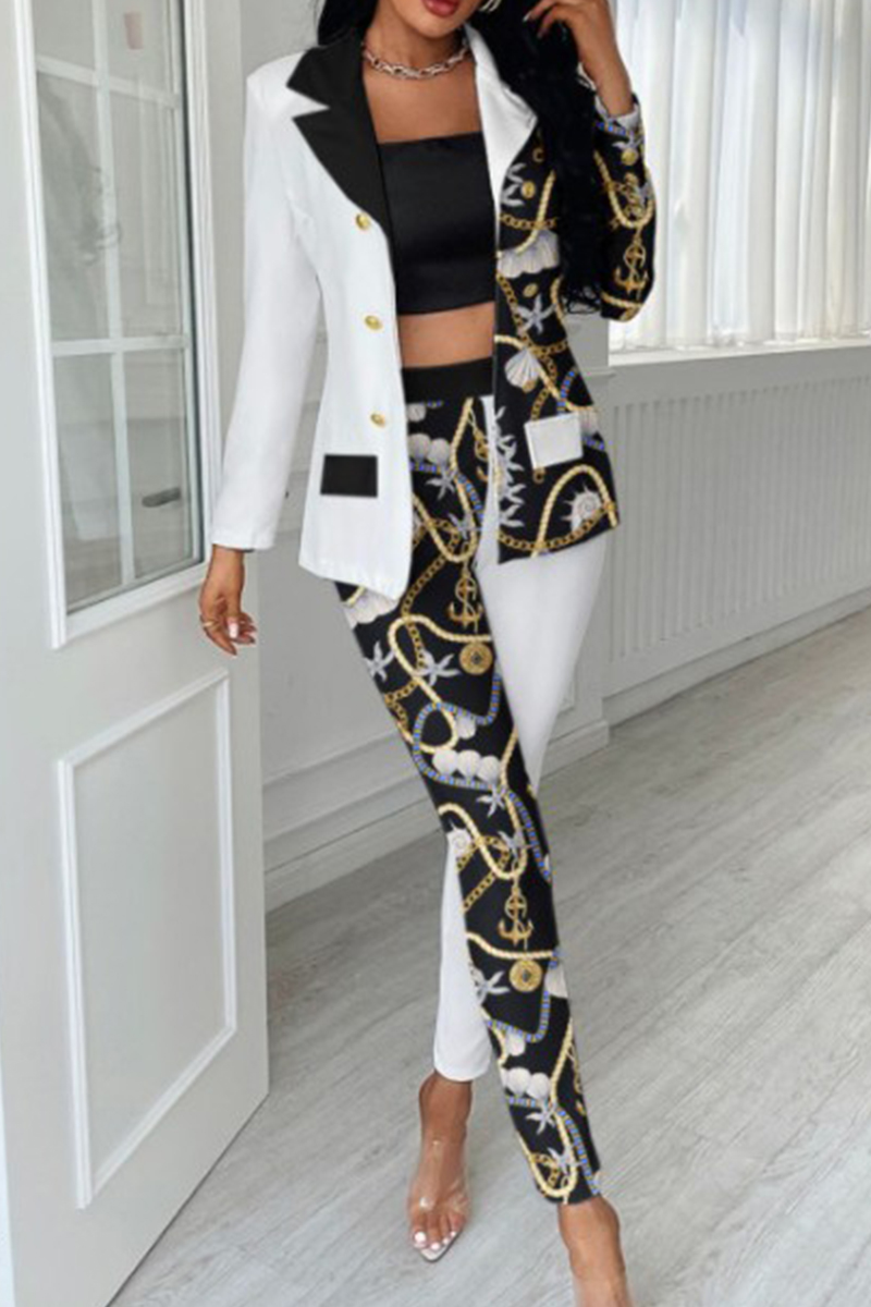 Black White Fashion Casual Print Cardigan Pants Turndown Collar Long Sleeve Two Pieces