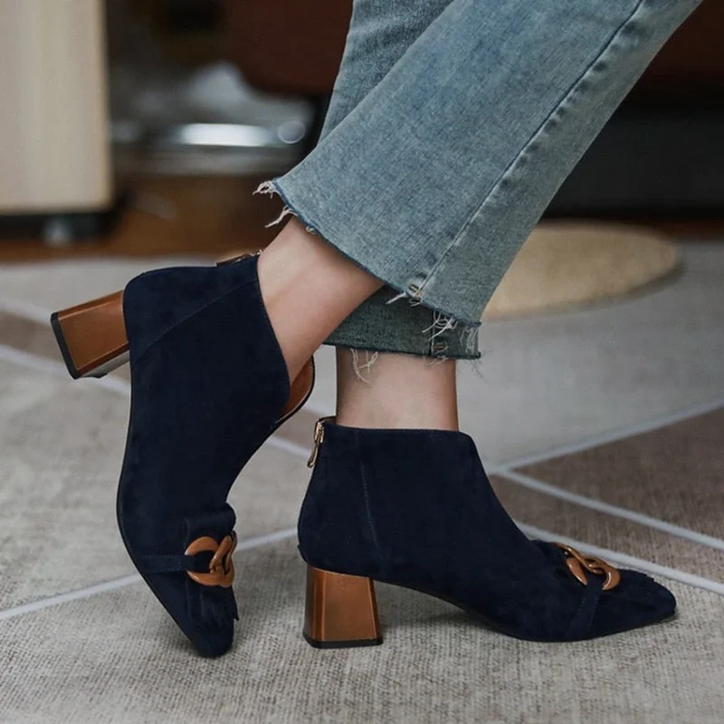 Vstacam 2022 Autumn/Winter Women Boots Sheep Suade Round Toe Square Heel Mid-Heel Ankle Boots Fringed Zipper Fashion Office Lady Shoes