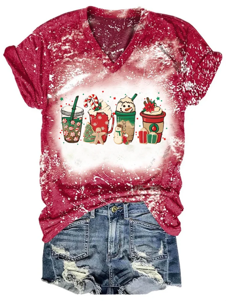 Christmas Coffee Snowman Print Casual T Shirt