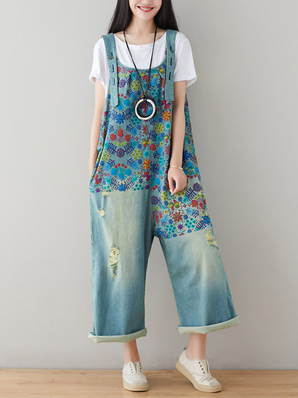 Printed Denim Wide-Legged Belt Pants