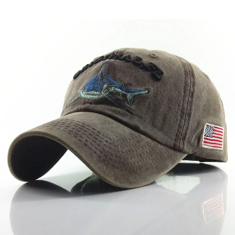 Washed coated baseball cap, cotton made old cap, embroidery shark cap