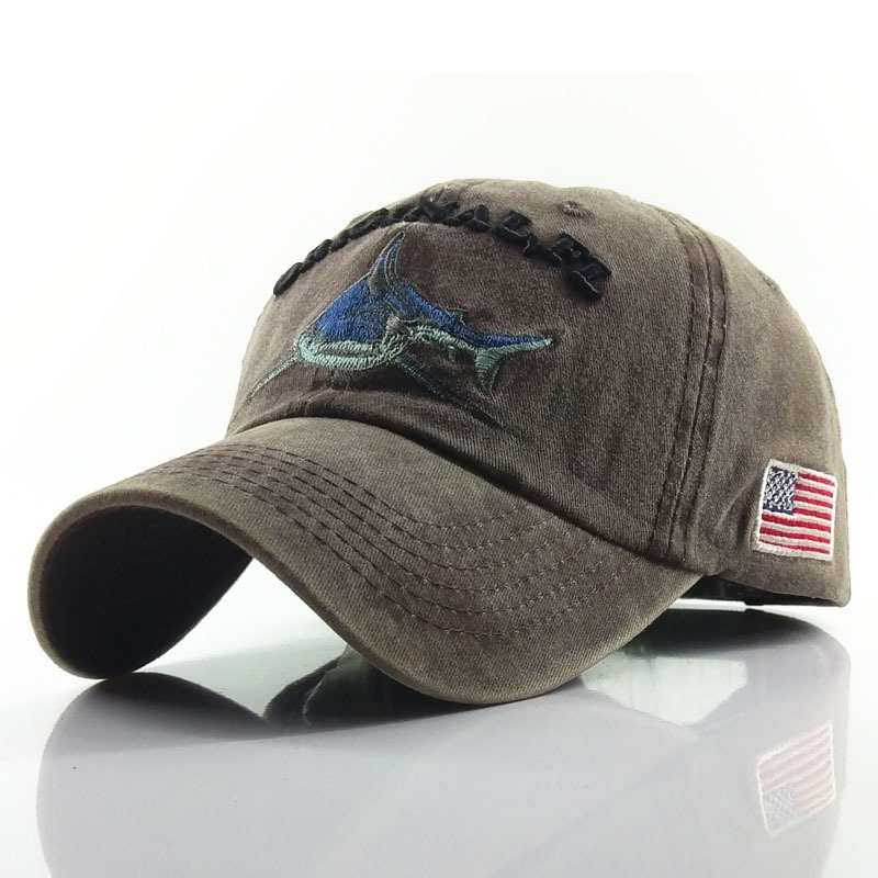 Washed coated baseball cap, cotton made old cap, embroidery shark cap