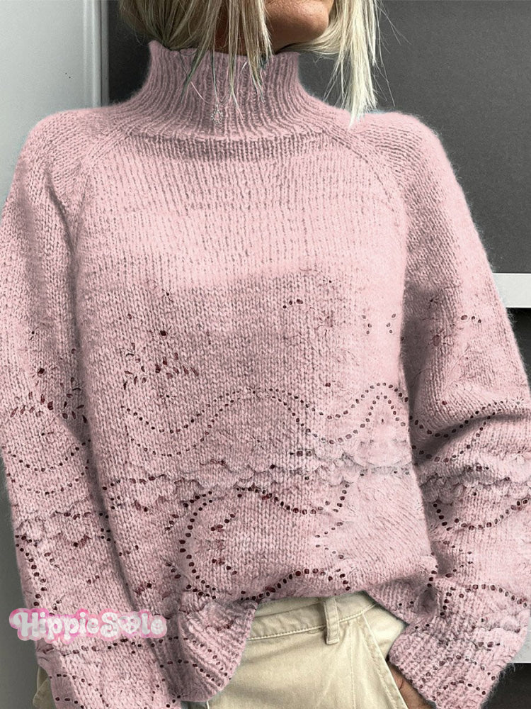 Women’s Vintage Lovely Floral Art Print Knit Turtleneck Pullover Sweater Pink / S