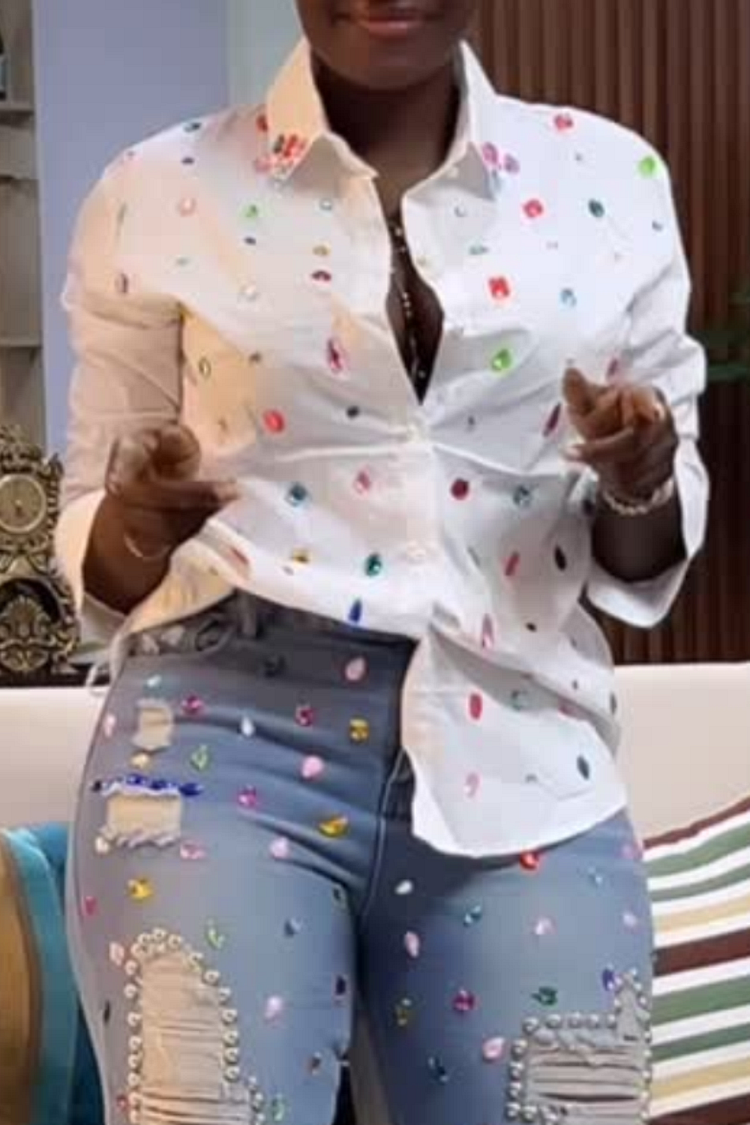 Plus Size Party White Shirt Collar Long Sleeve Drilling Casual Blouses [Pre-Order] 2024 - Xpluswear