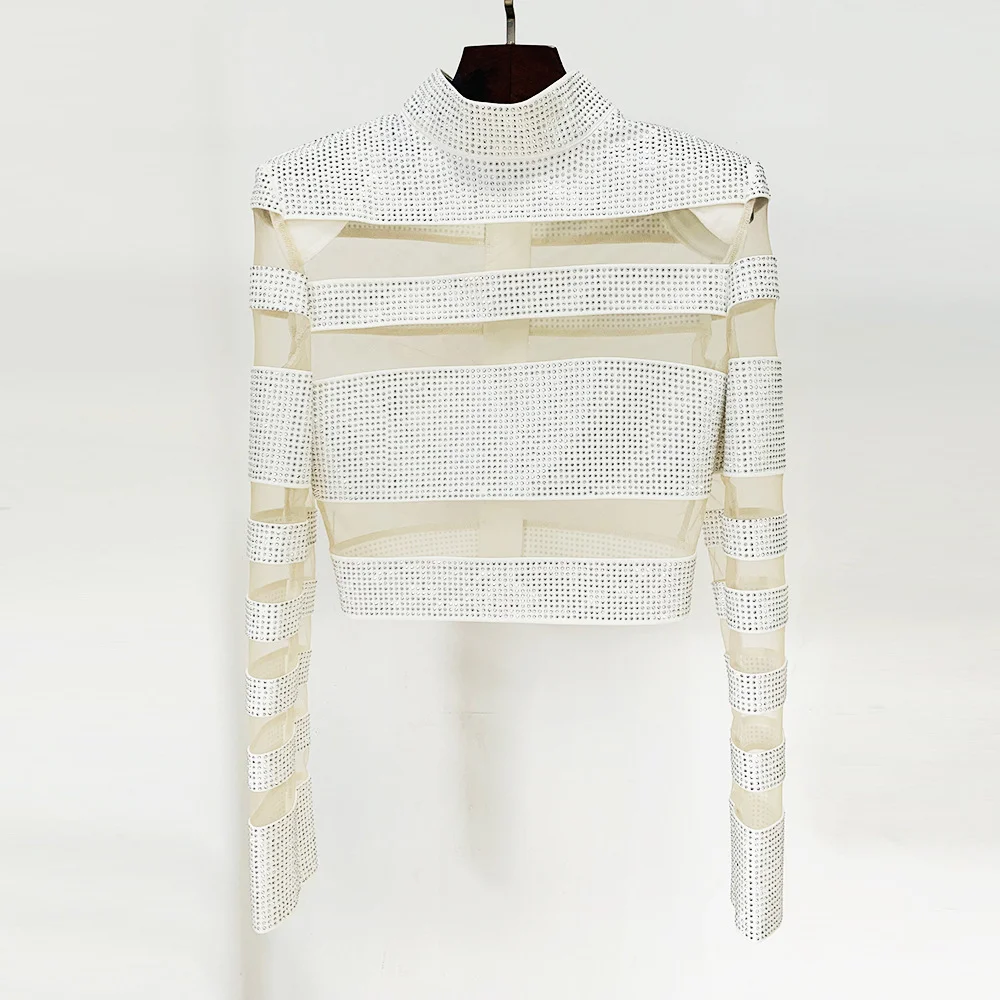 Nigikala Nigikala New Star Temperament Fashion Mesh Splicing Hot Diamond Top