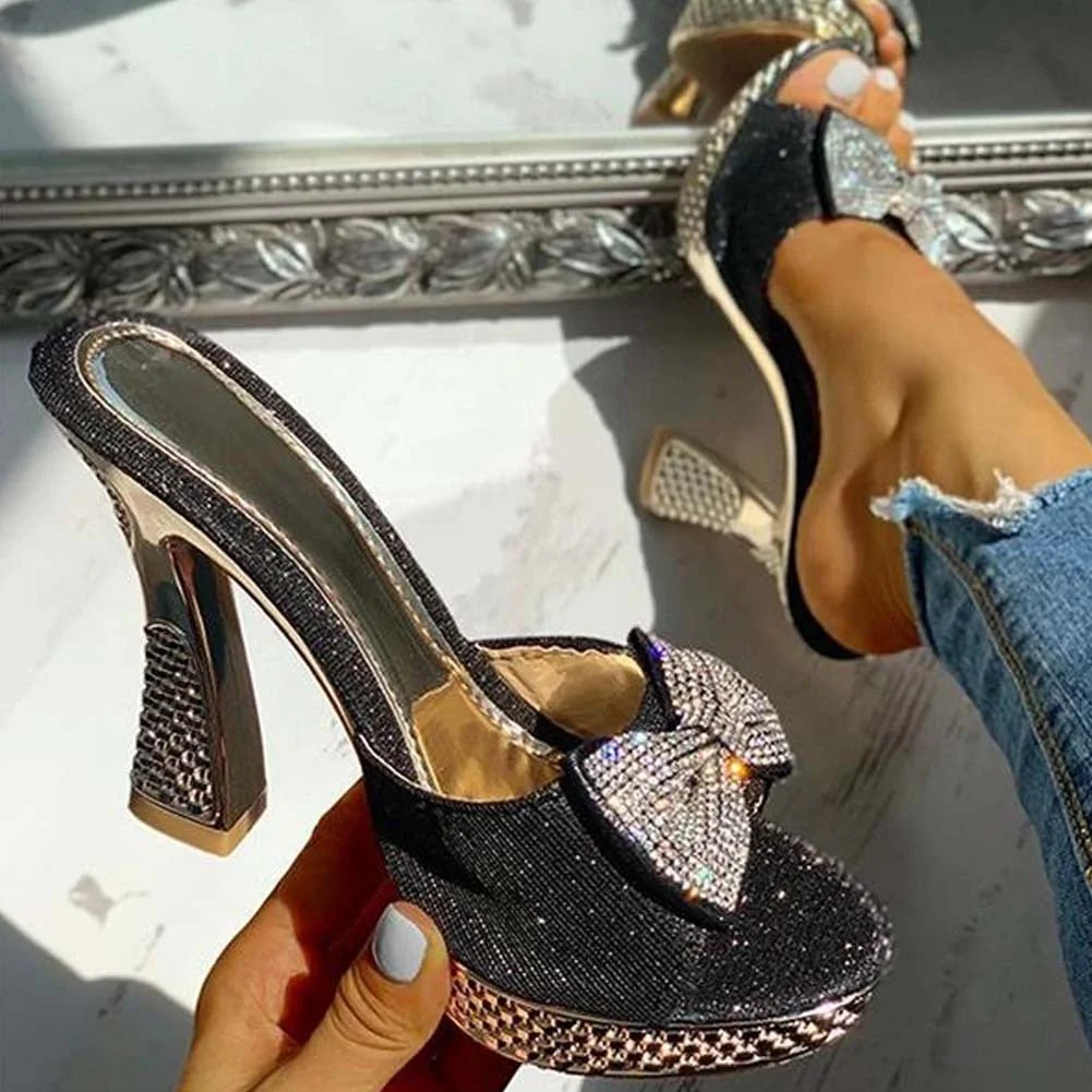 Trendy Fashion Female Bowknot Sexy Slippers 2021 Summer Slippers Women Platform Crystal Thick High Heels Shoes Woman